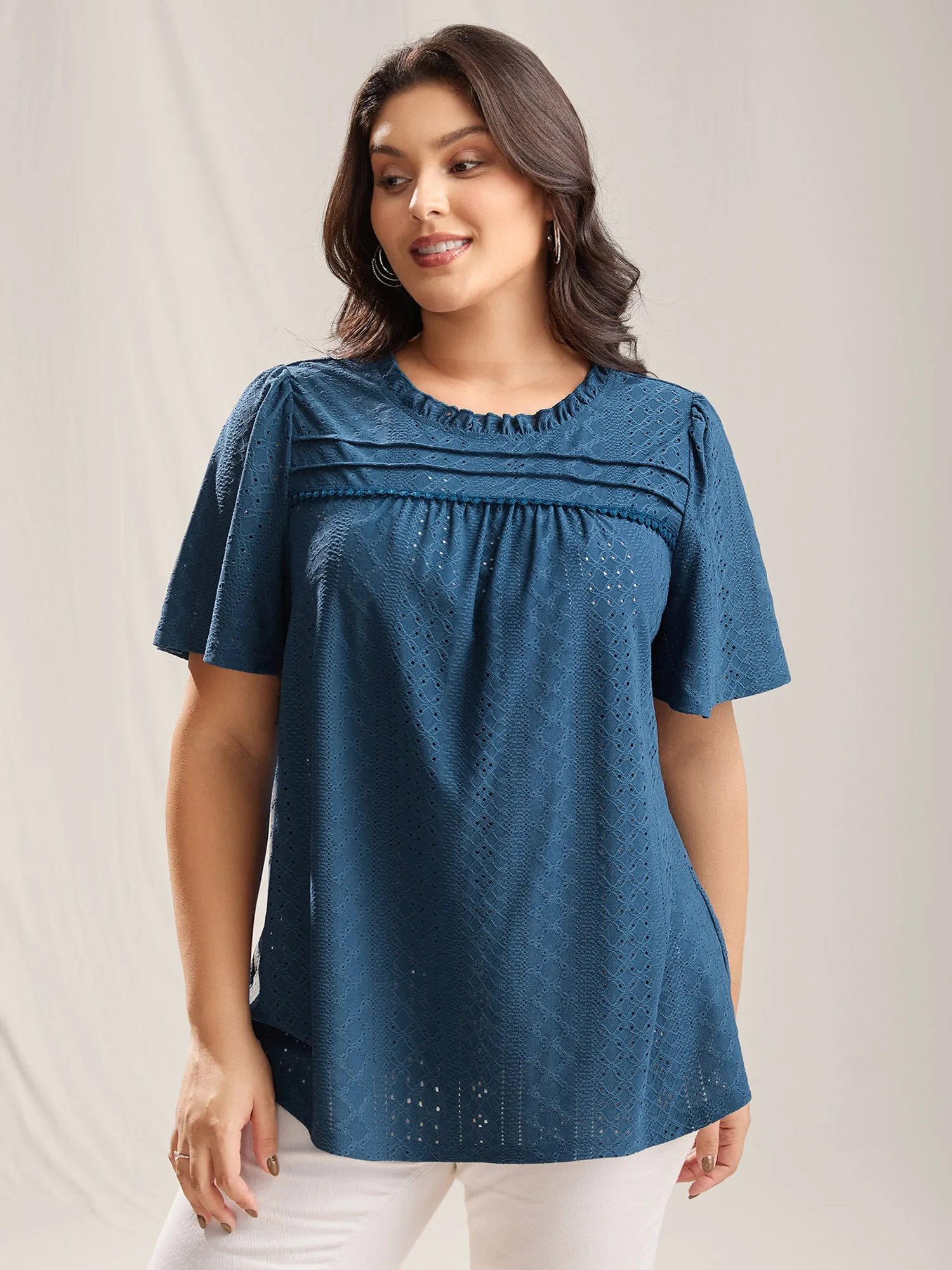 Ruffled Neck Eyelet Lace Trim Top sold by Bloomchic