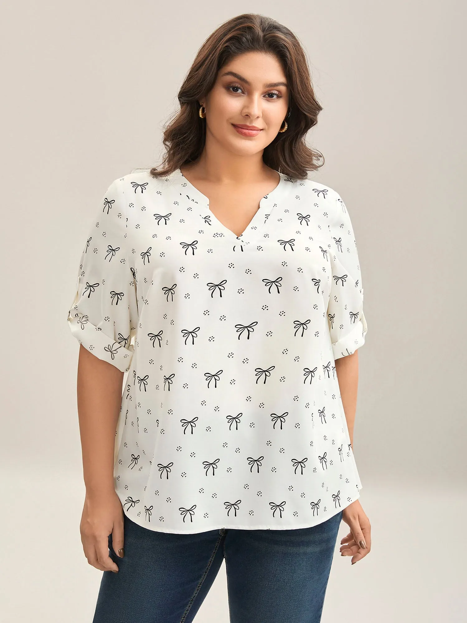 Bow Fun Print Notched Collar Shirt sold by Bloomchic