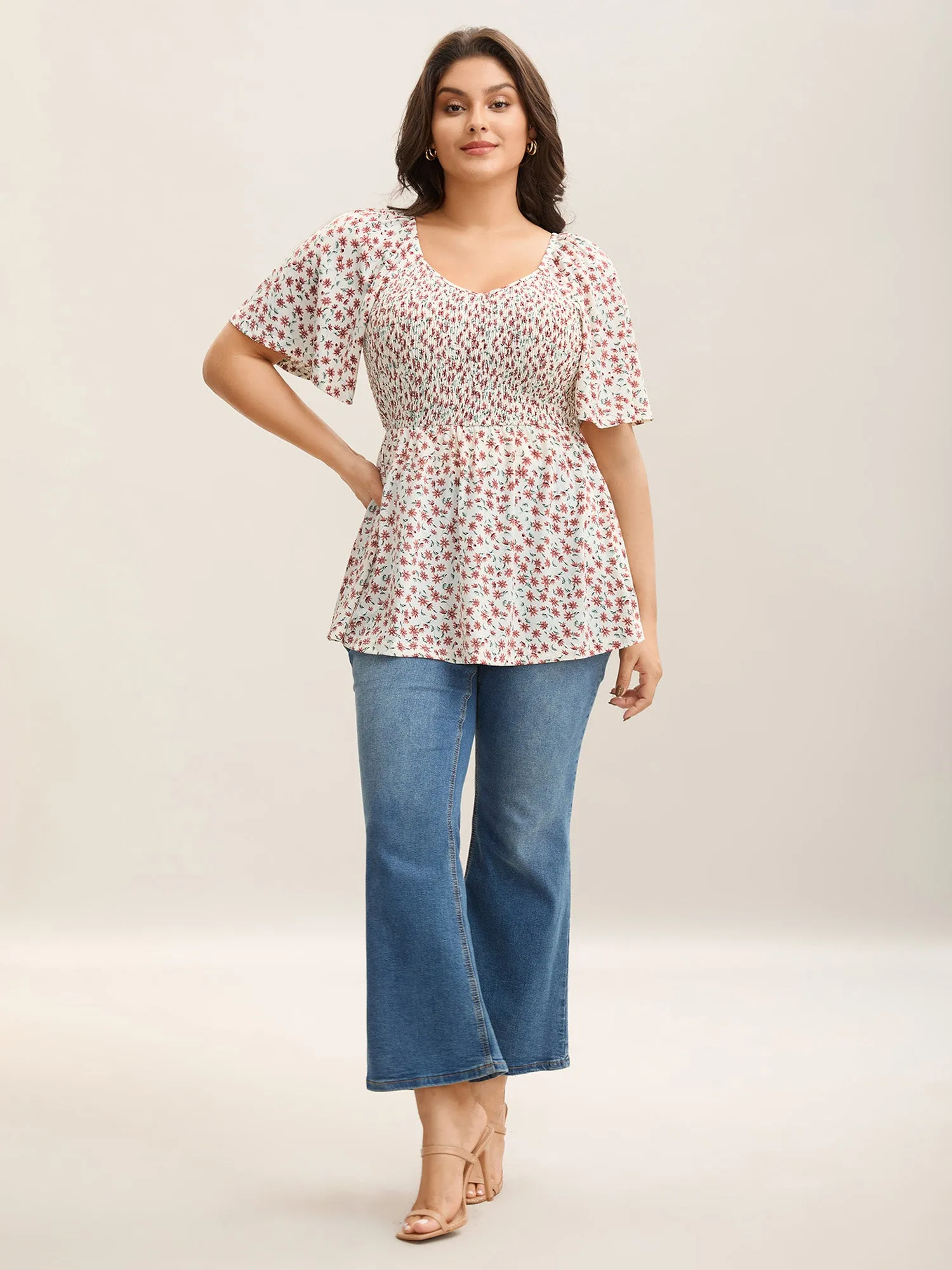 Floral Print Shirred Flared Sleeve Top sold by Bloomchic product image thumbnail 3