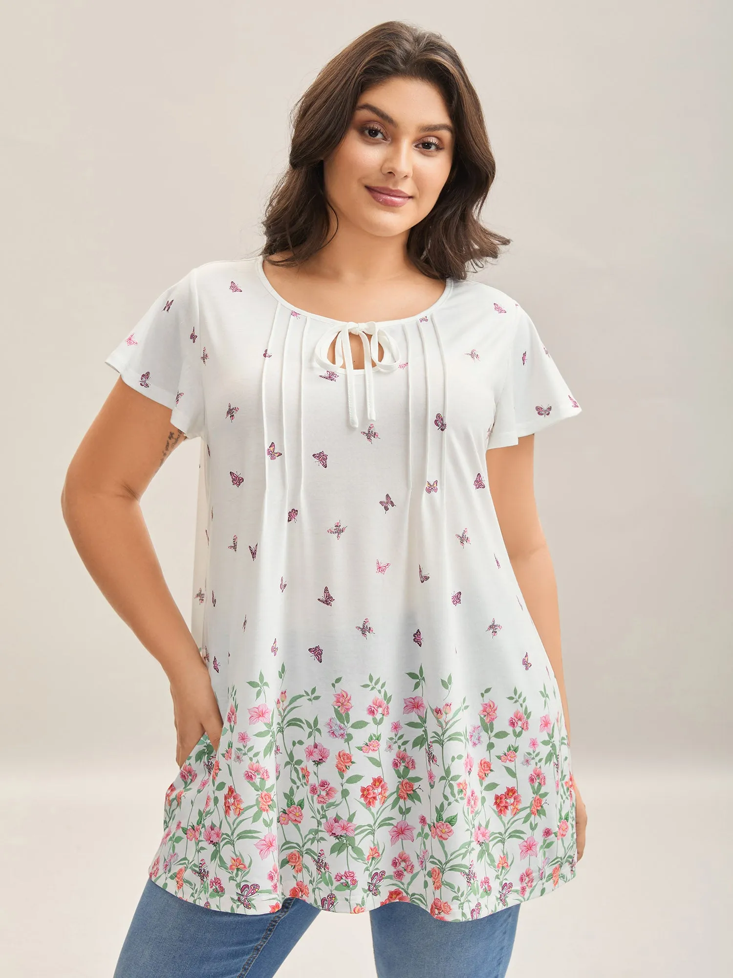 Butterfly Garden Print Neck-Tie Top sold by Bloomchic