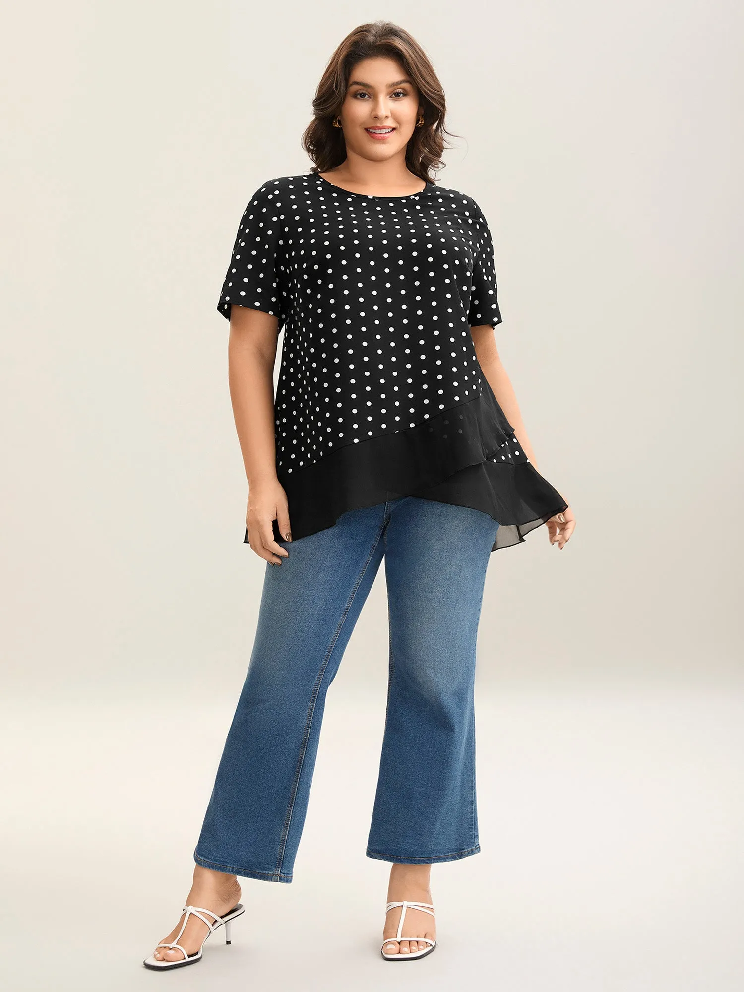 Polka Dots Spliced Ruffled Hem Shirt sold by Bloomchic product image thumbnail 3