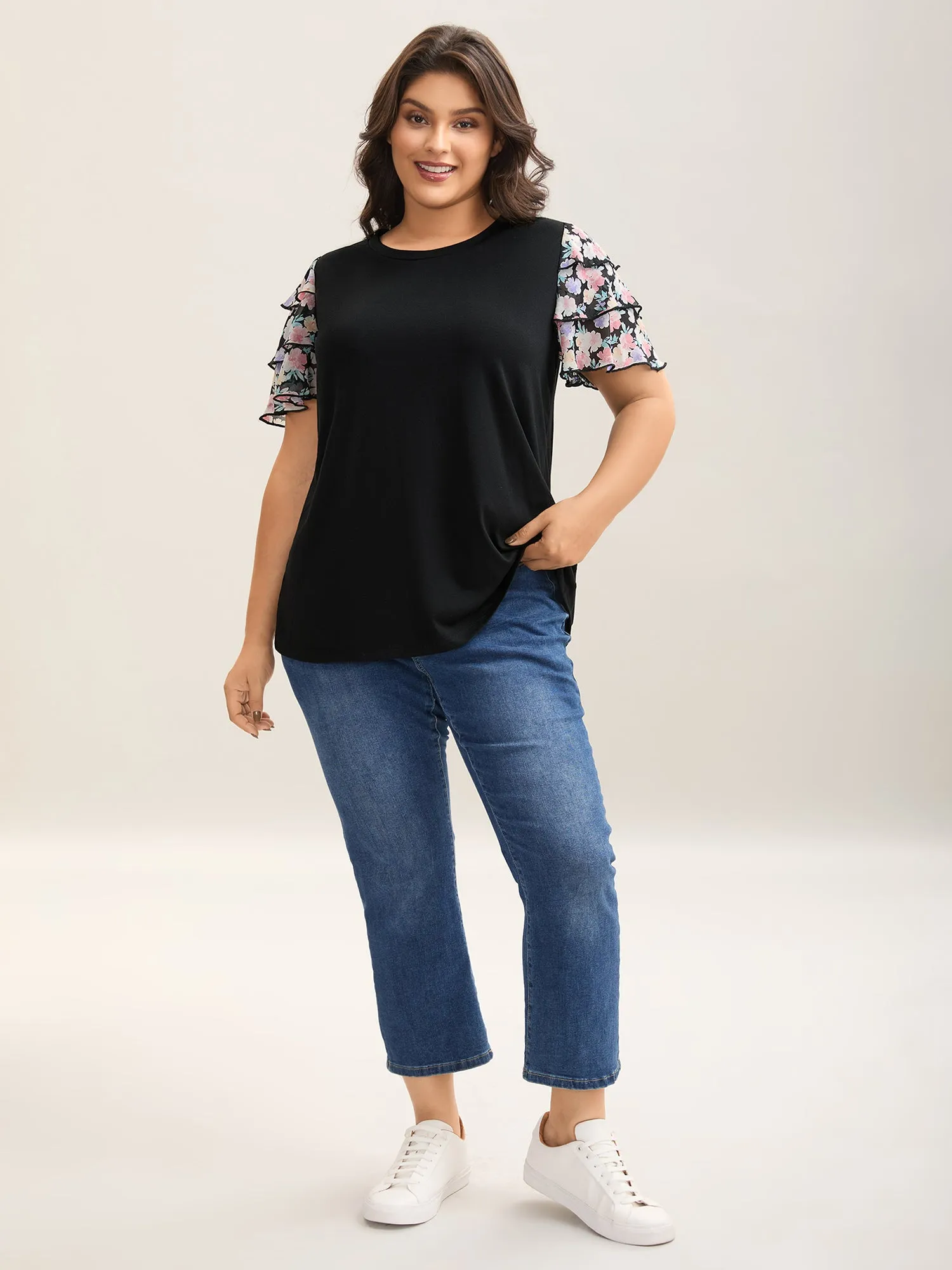 Floral Layered Sleeve Spliced Plain T-Shirt sold by Bloomchic product image thumbnail 3