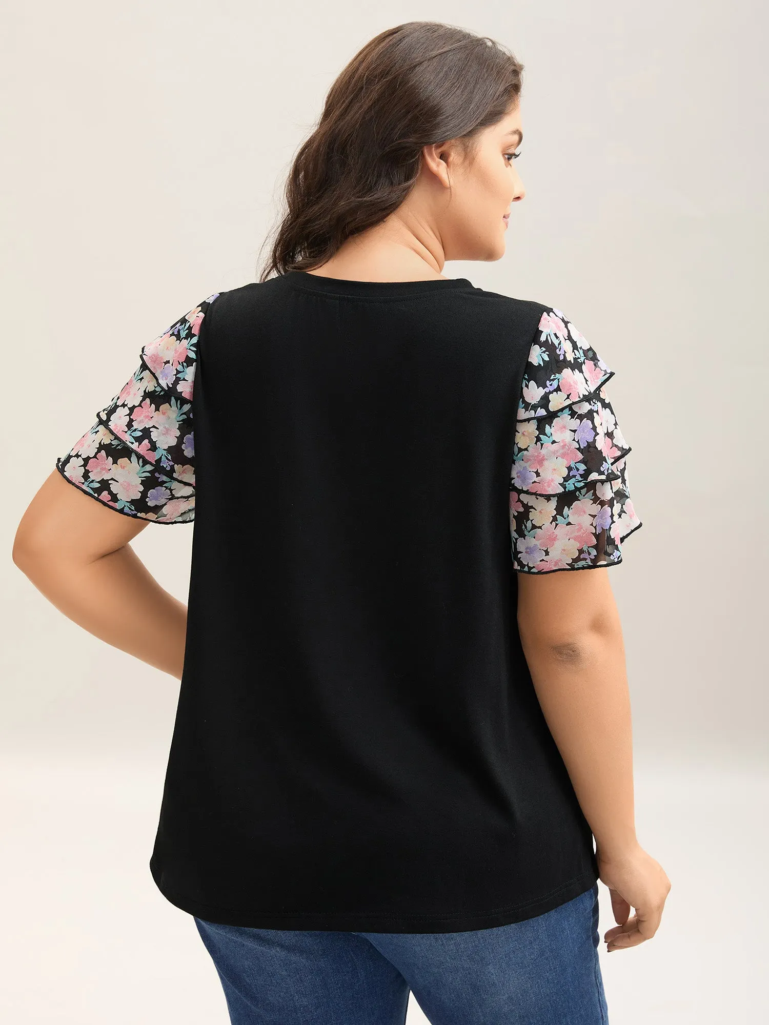 Floral Layered Sleeve Spliced Plain T-Shirt sold by Bloomchic product image thumbnail 4