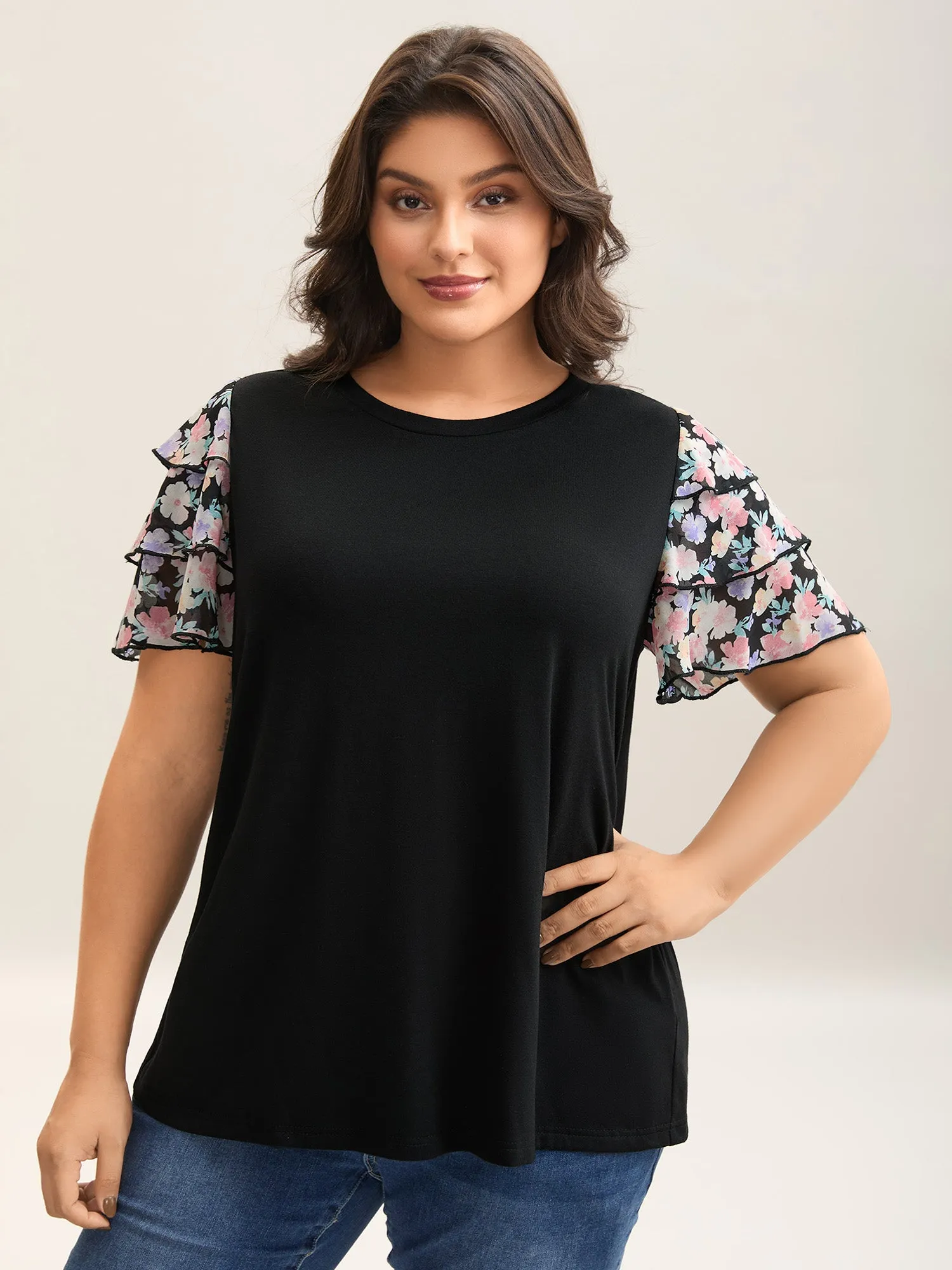 Floral Layered Sleeve Spliced Plain T-Shirt sold by Bloomchic