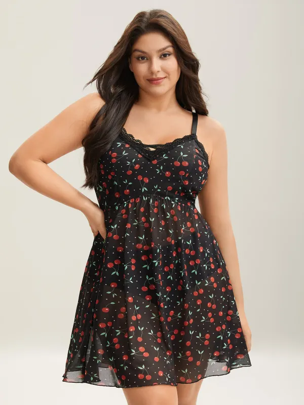 Flirty Cherry Print Sheer Net Sleep Dress sold by Bloomchic