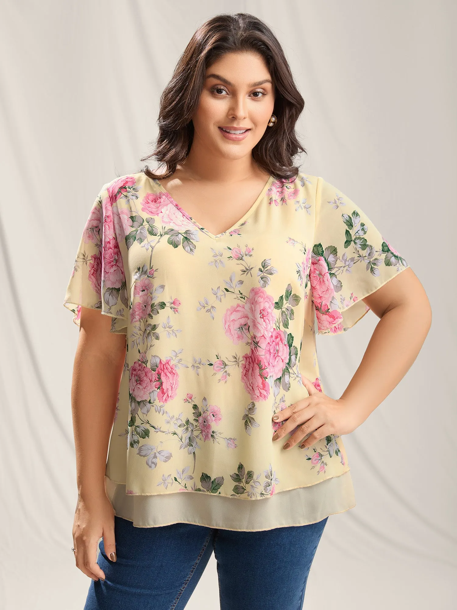 Large Flower Print Layered Hem Blouse sold by Bloomchic