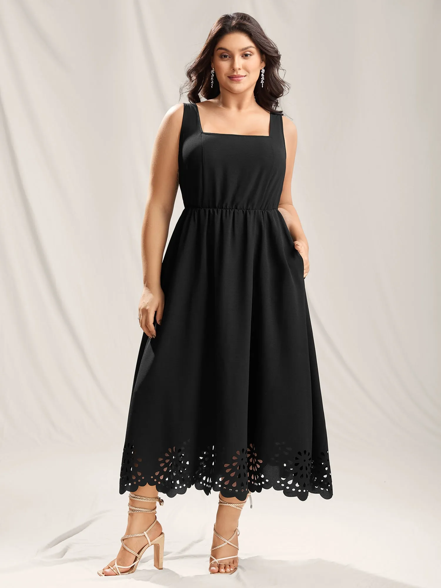 Scalloped Laser Cut Pockets Maxi Dress sold by Bloomchic