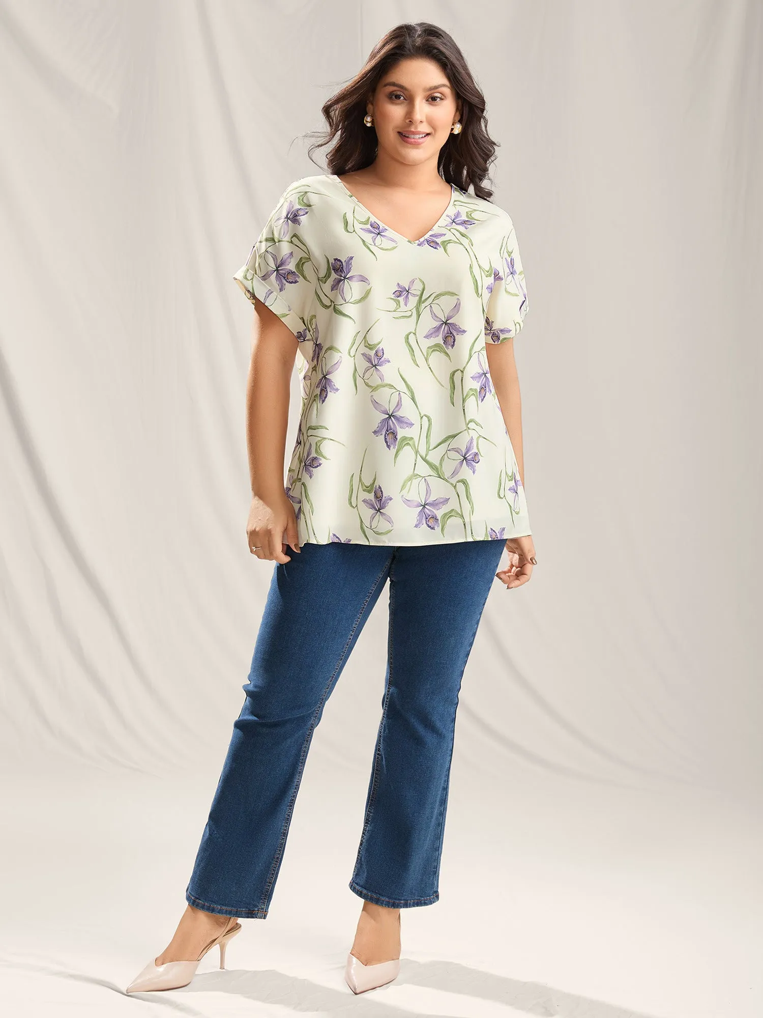 Large Flower Print Curved Hem Blouse sold by Bloomchic product image thumbnail 3