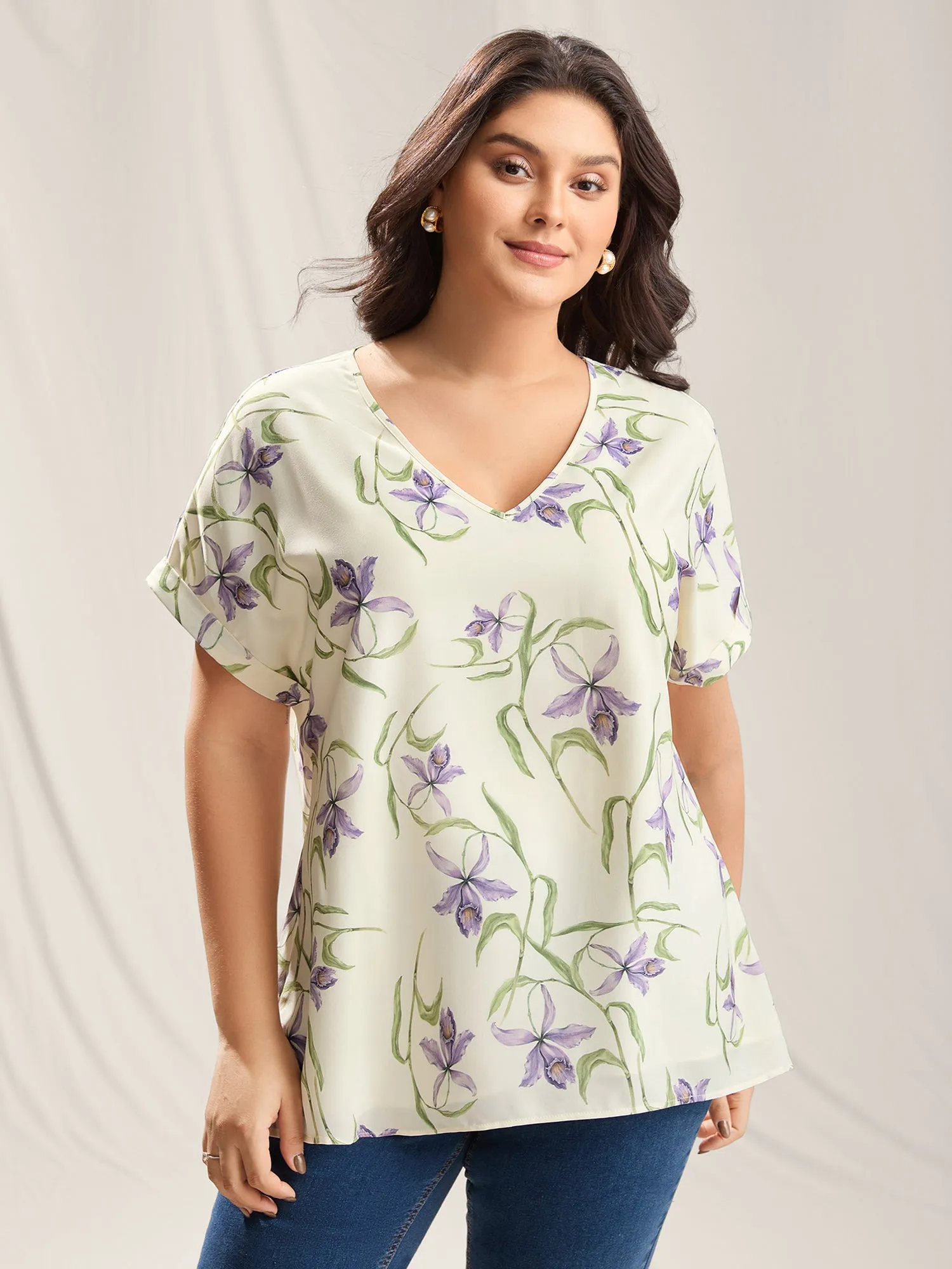Large Flower Print Curved Hem Blouse sold by Bloomchic