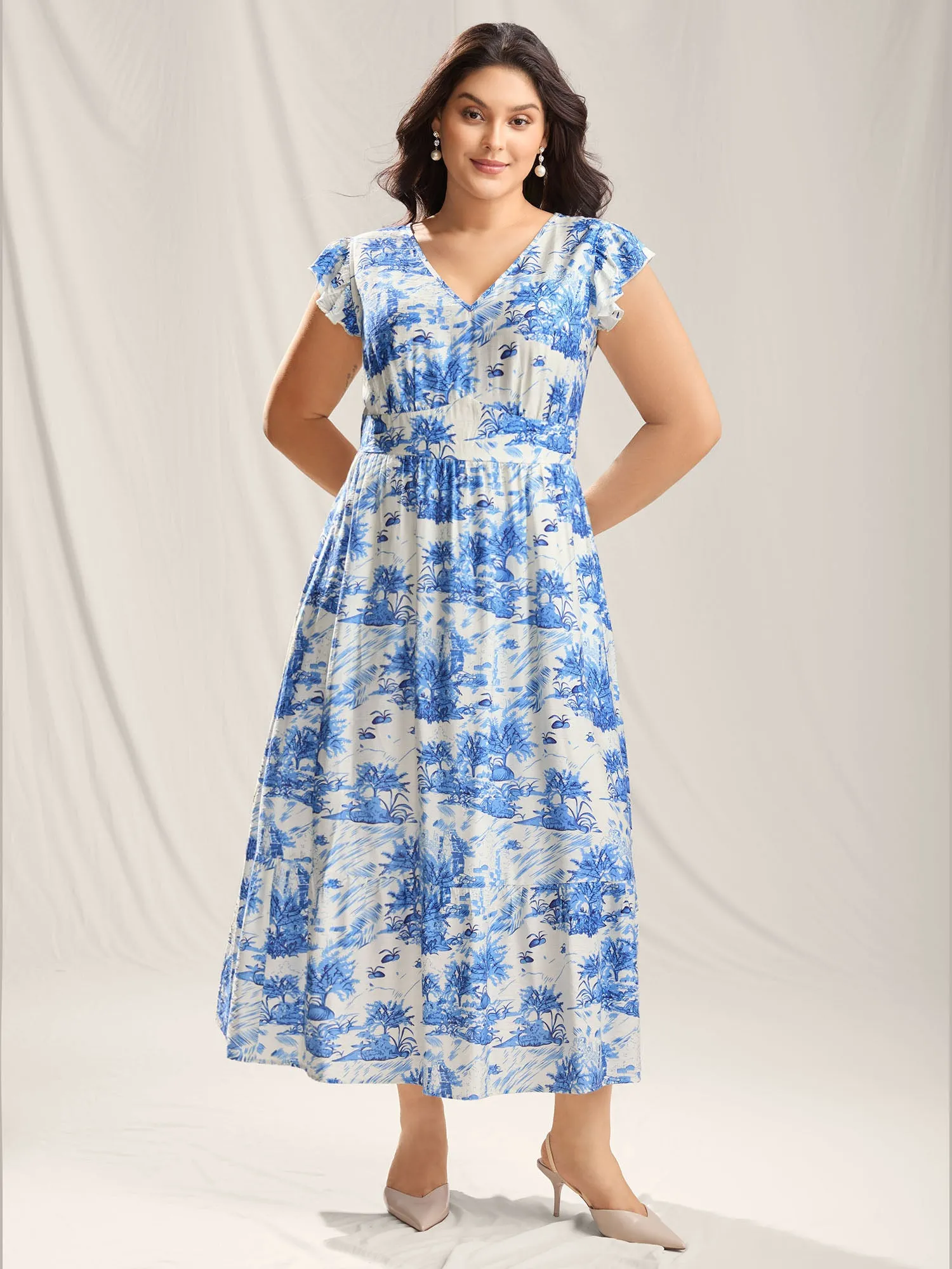 Landscape Floral Print Cinched-Waist Maxi Dress sold by Bloomchic product image thumbnail 3