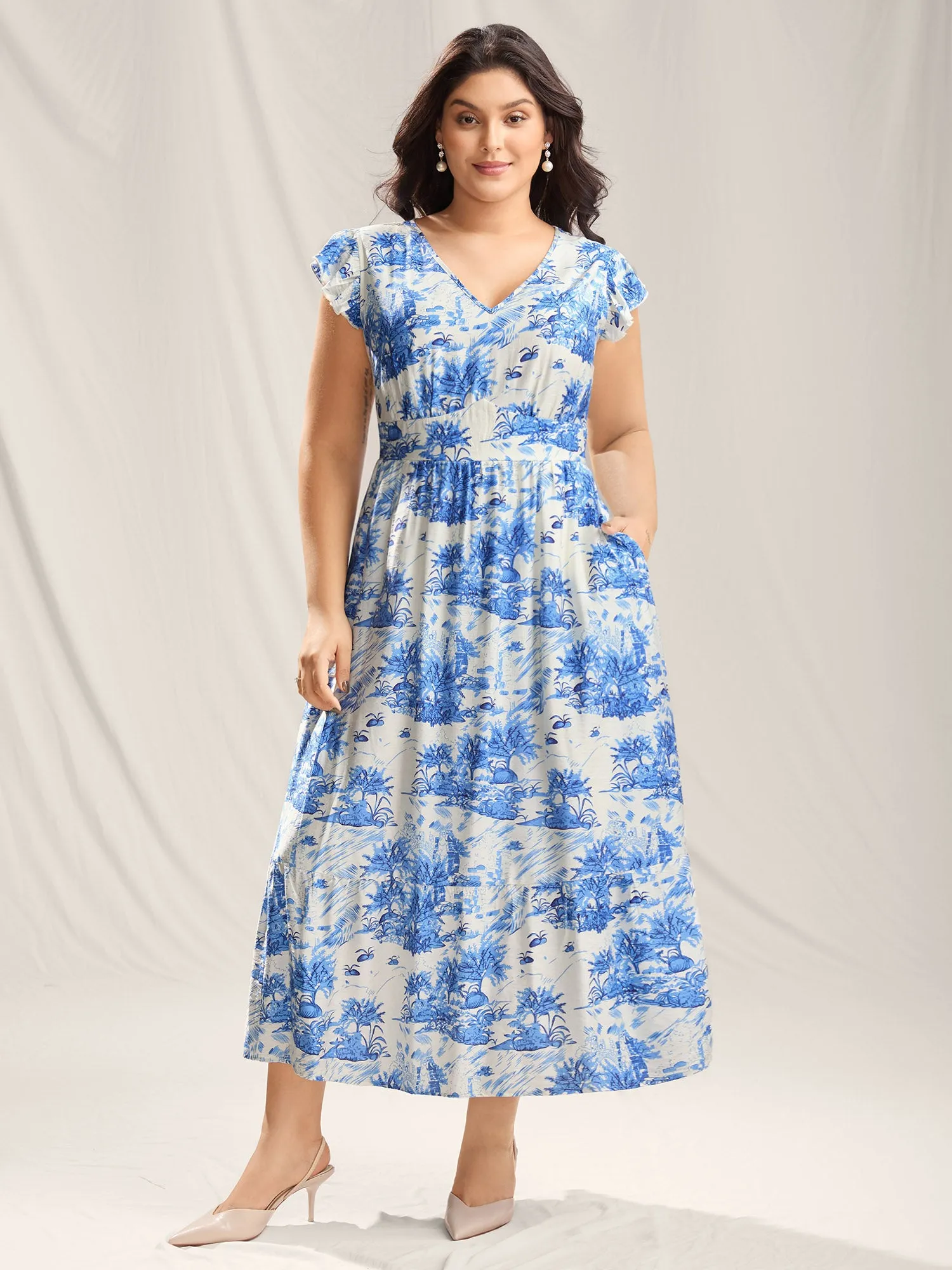 Landscape Floral Print Cinched-Waist Maxi Dress sold by Bloomchic