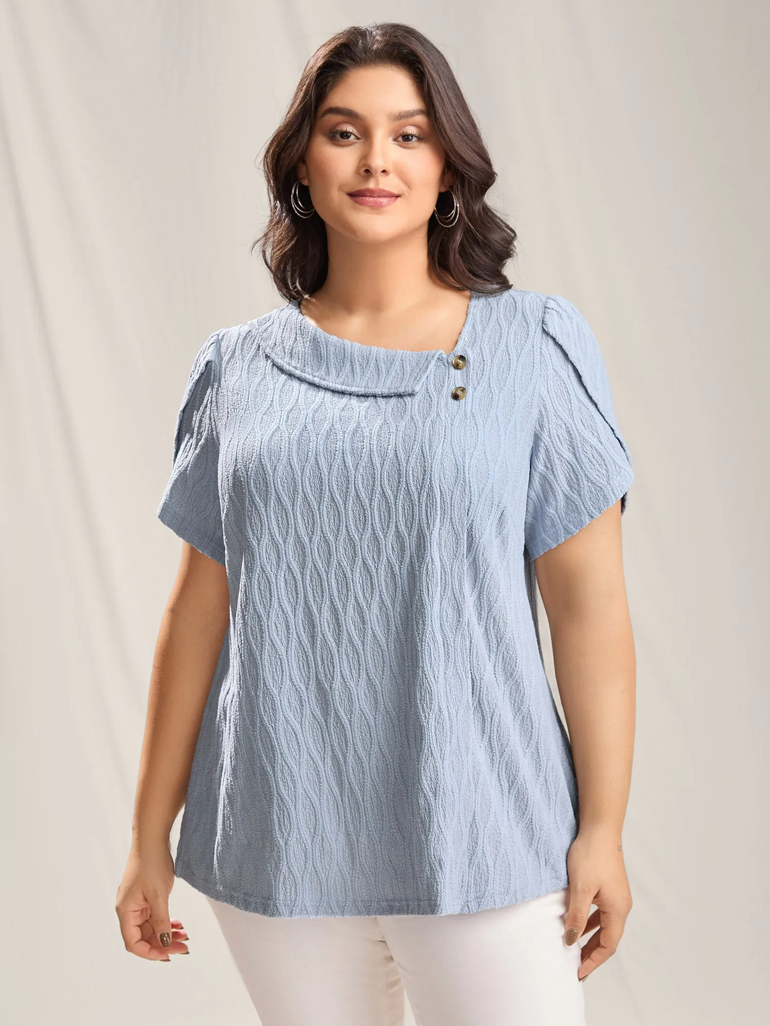 Asymmetrical Collar Textured Plain Blouse sold by Bloomchic