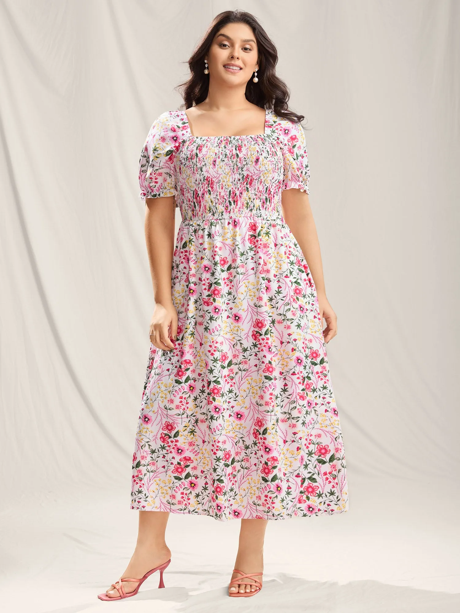 Shirred Floral Print Pockets Maxi Dress sold by Bloomchic