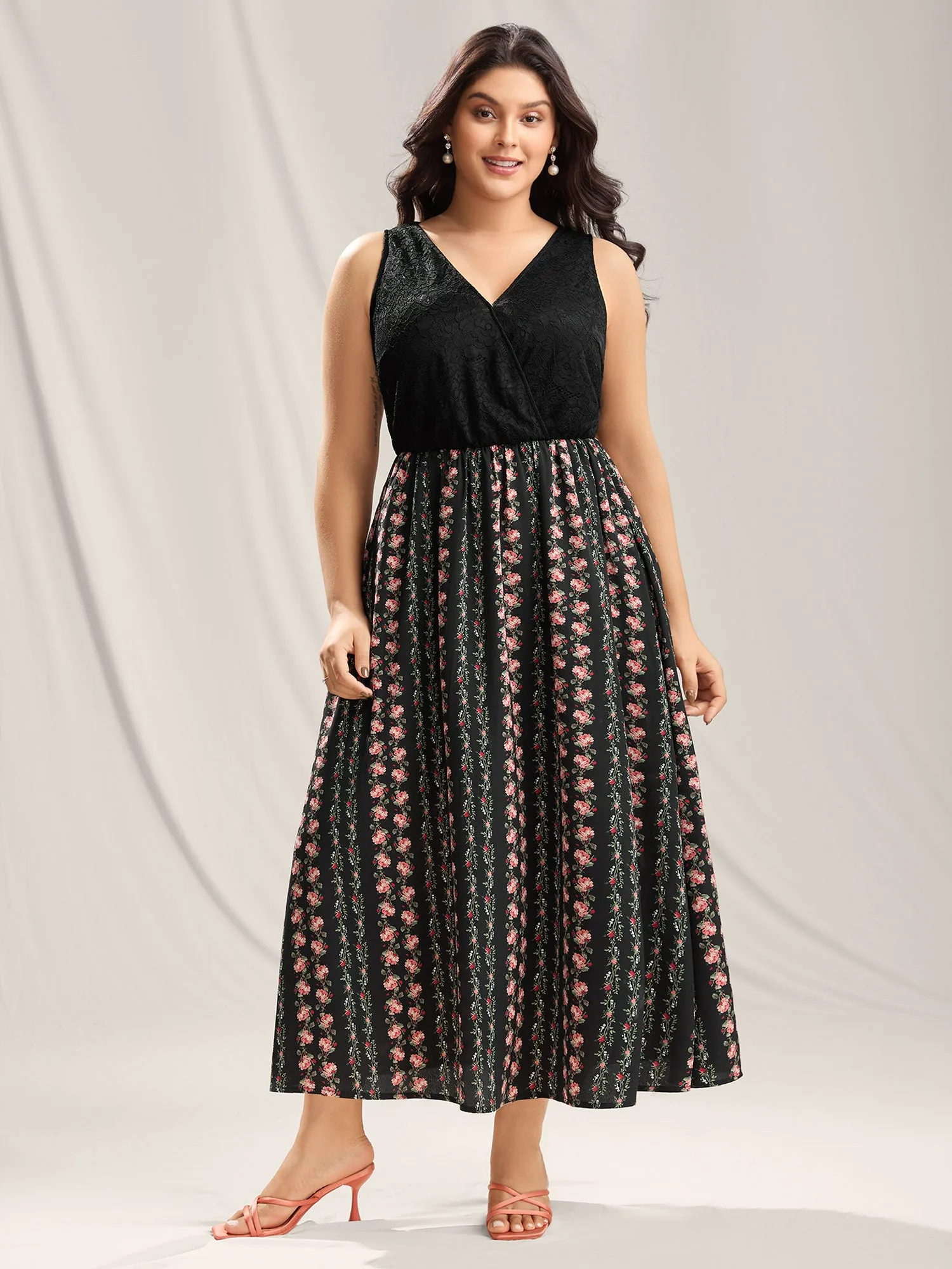 Floral Stripes Lace Trim Maxi Dress sold by Bloomchic
