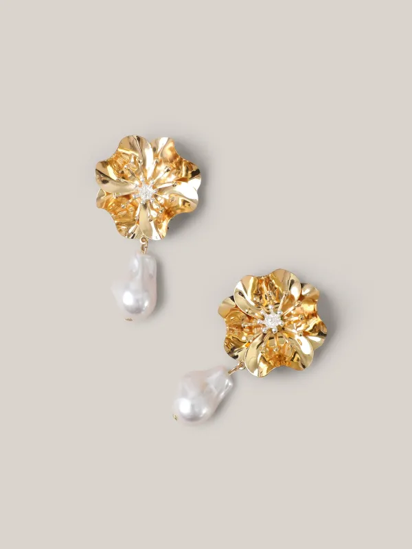 Metallic Gold-Tone Flower Drop Earrings sold by Bloomchic