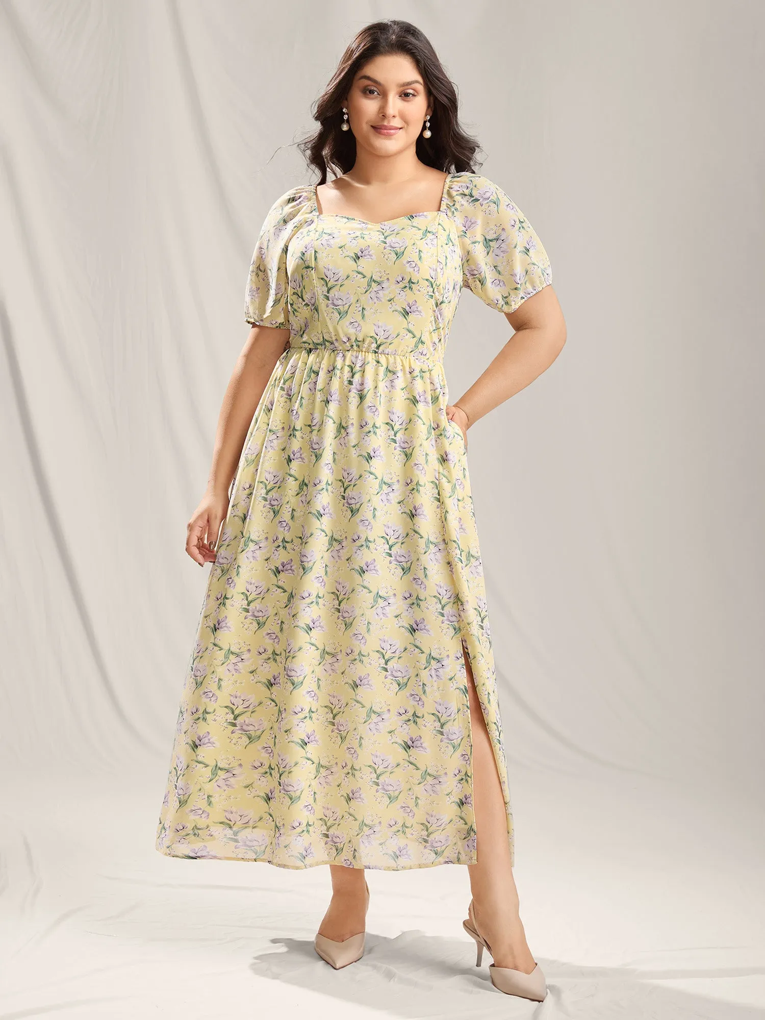 Vine Flower Sweetheart Neck Slit Maxi Dress sold by Bloomchic