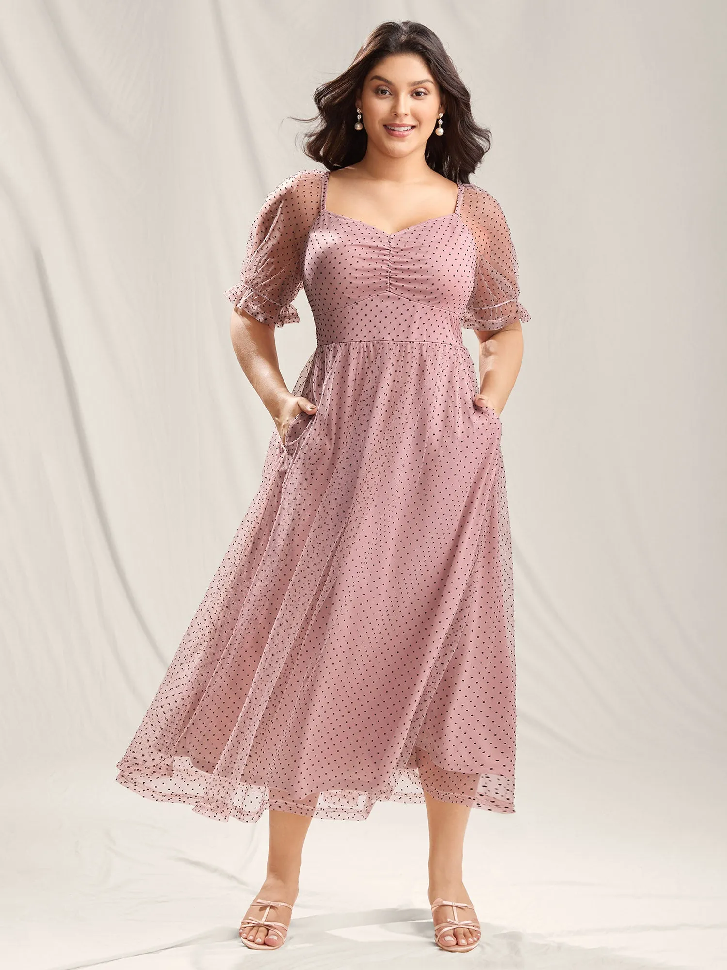 Polka Dot Print Ruched Textured Midi Dress sold by Bloomchic