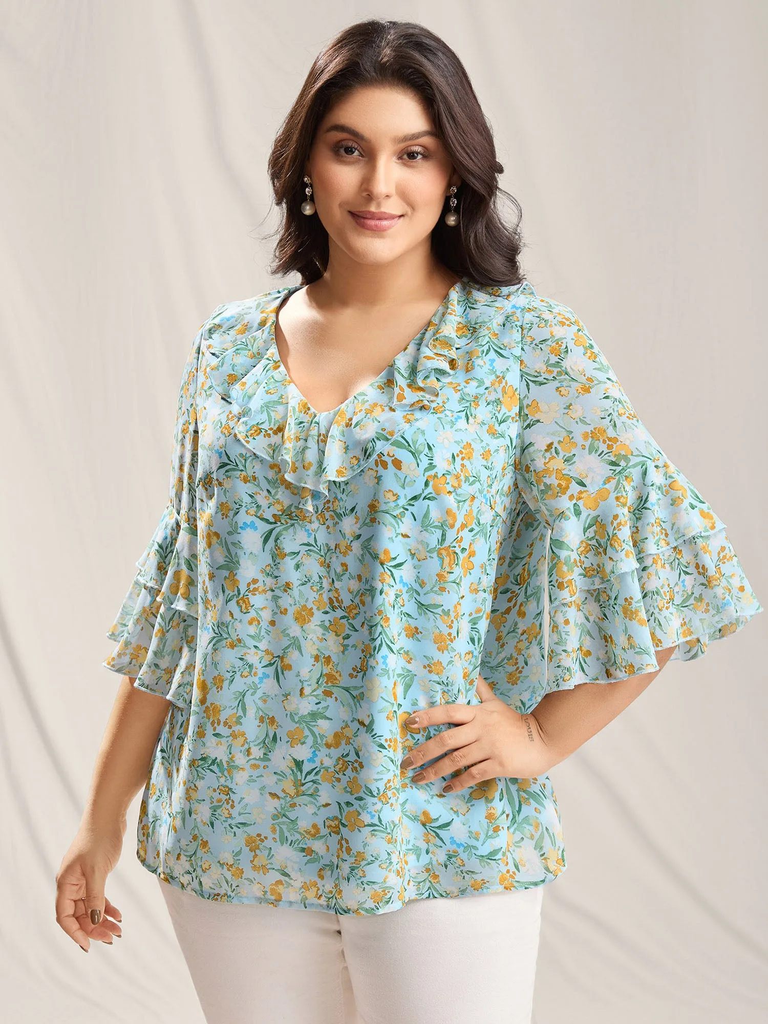 Floral Print Ruffled Layered Sleeve Blouse sold by Bloomchic
