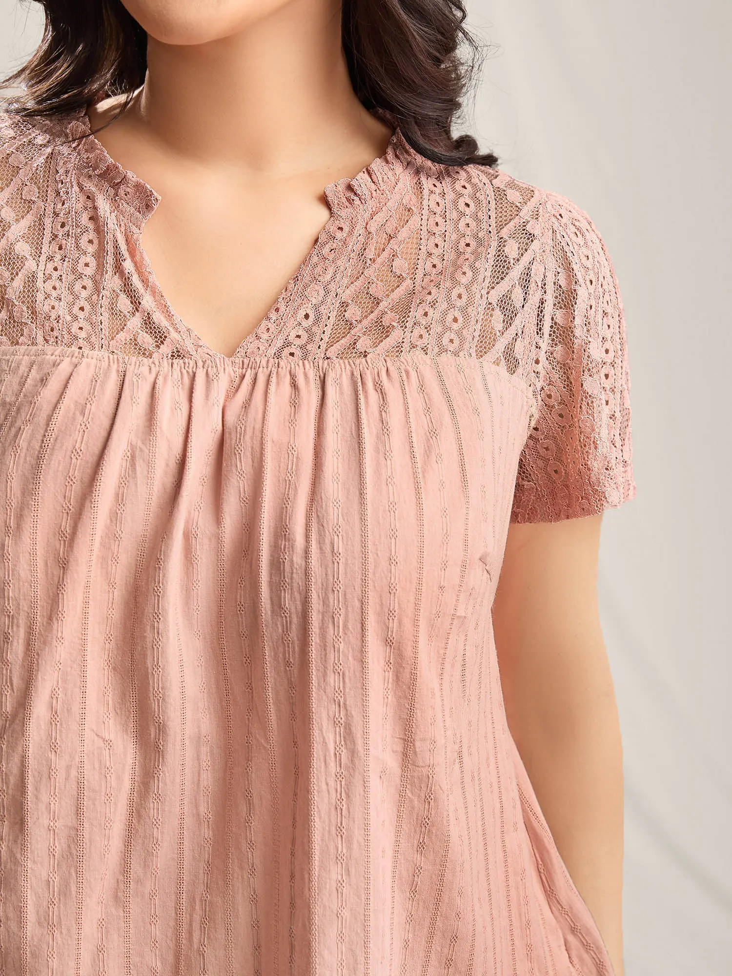 Sheer Notched Collar Textured Spliced Blouse sold by Bloomchic product image thumbnail 2