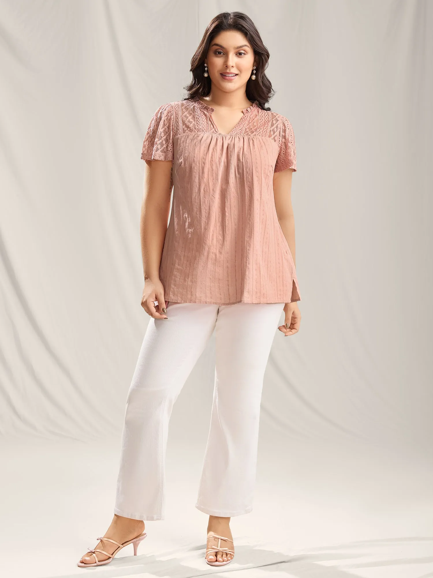 Sheer Notched Collar Textured Spliced Blouse sold by Bloomchic product image thumbnail 3
