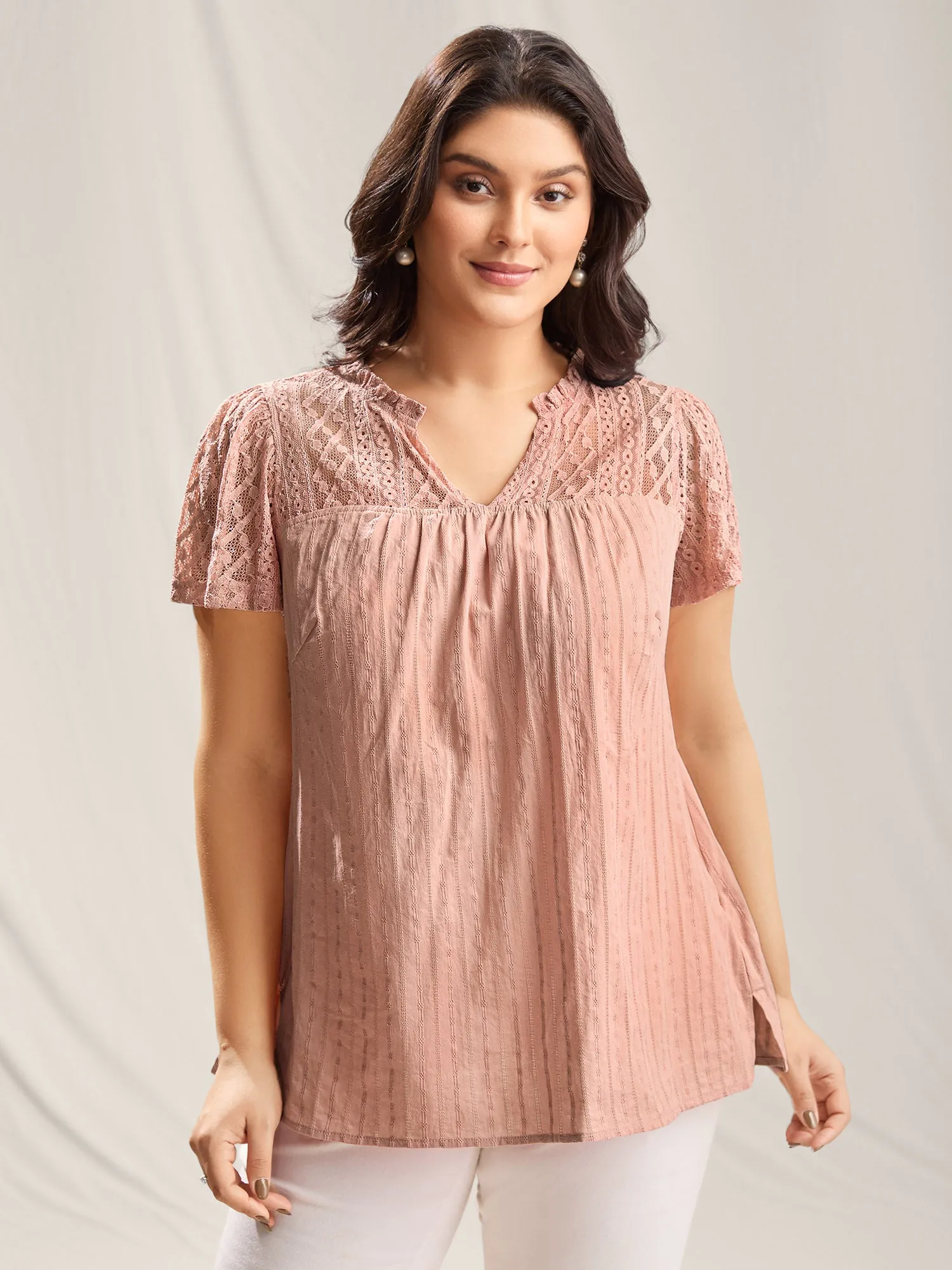 Sheer Notched Collar Textured Spliced Blouse sold by Bloomchic