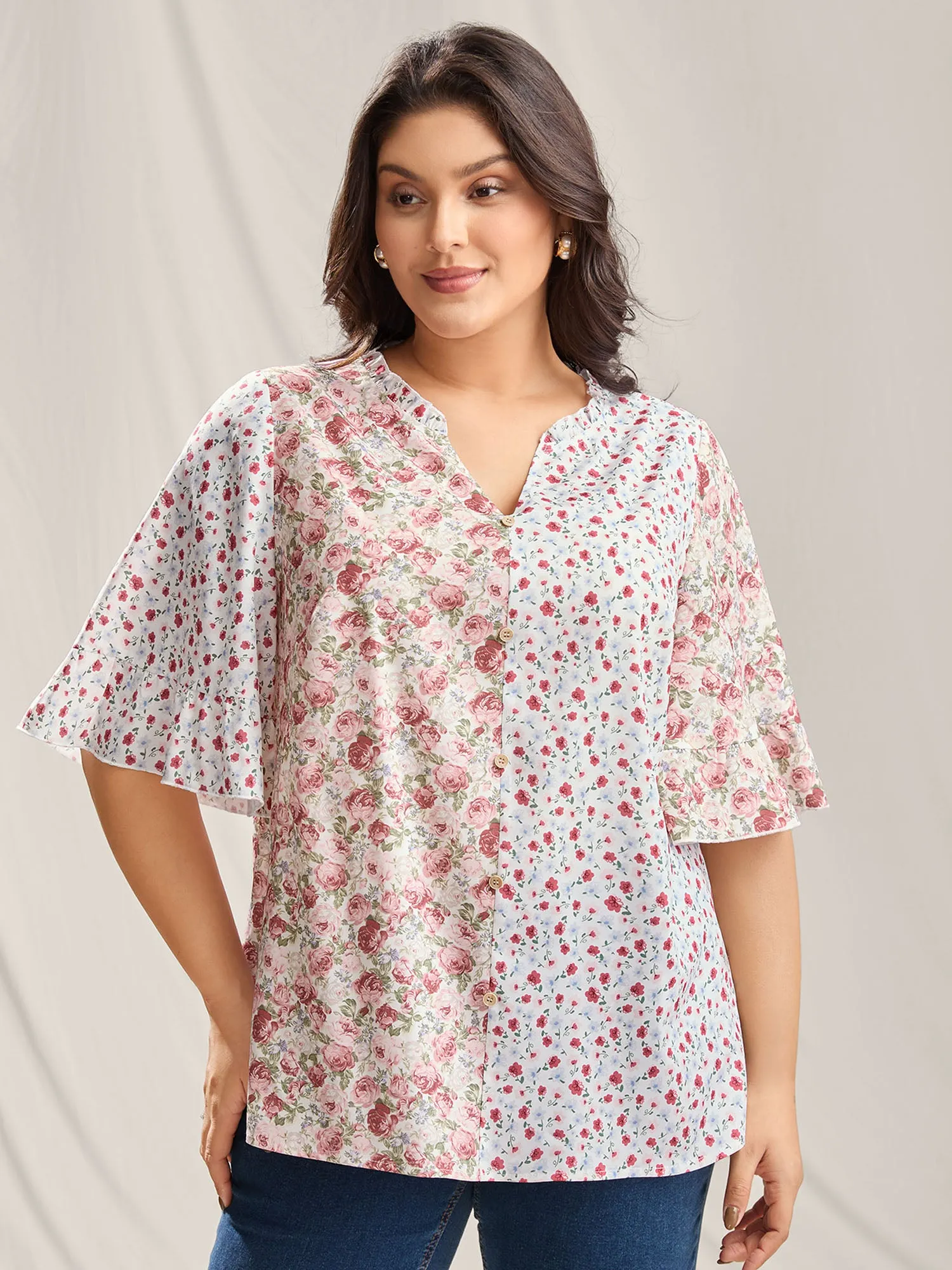 Floral Contrast Print Button Detail Blouse sold by Bloomchic