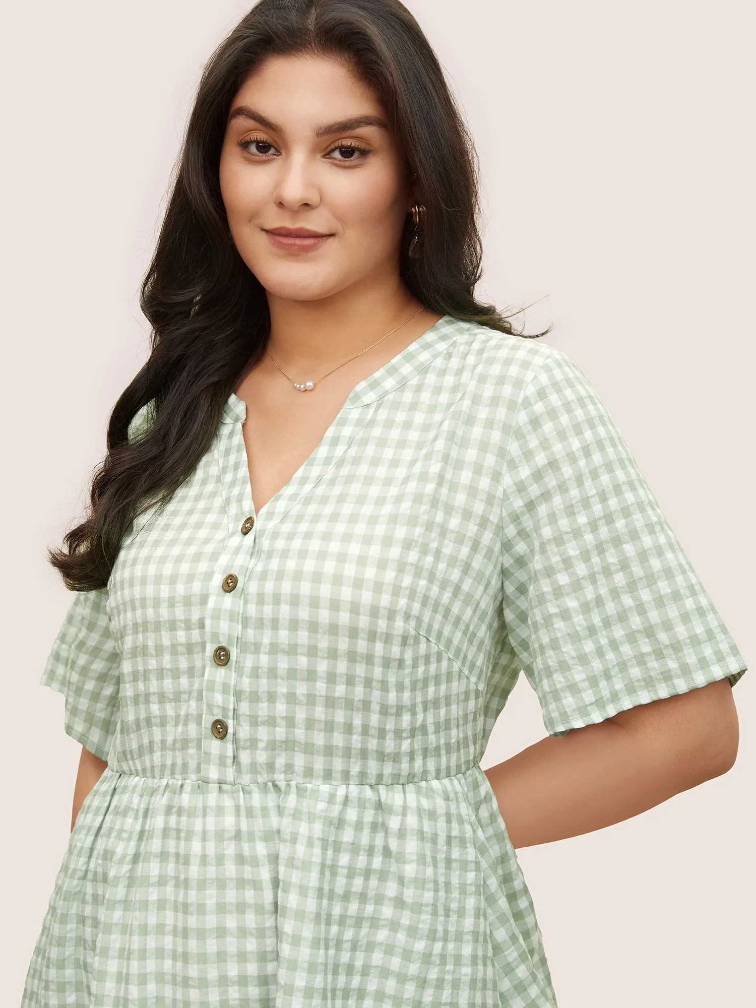 Gingham Notched Elastic Waist Flutter Sleeve Dress sold by Bloomchic product image thumbnail 4