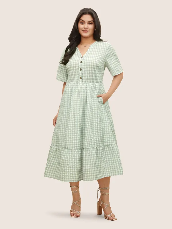 Gingham Notched  Elastic Waist Flutter Sleeve Dress sold by Bloomchic