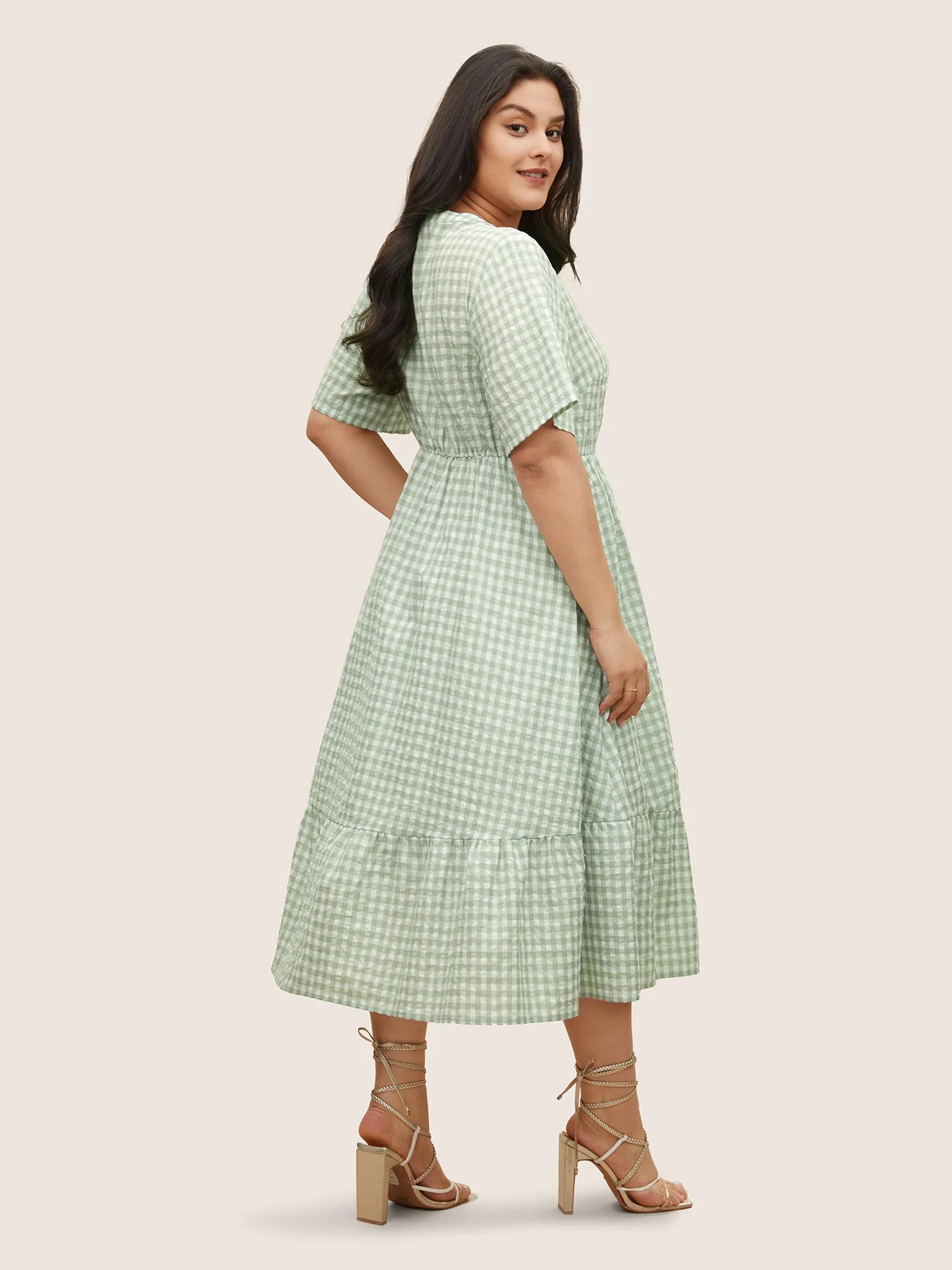 Gingham Notched Elastic Waist Flutter Sleeve Dress sold by Bloomchic product image thumbnail 2