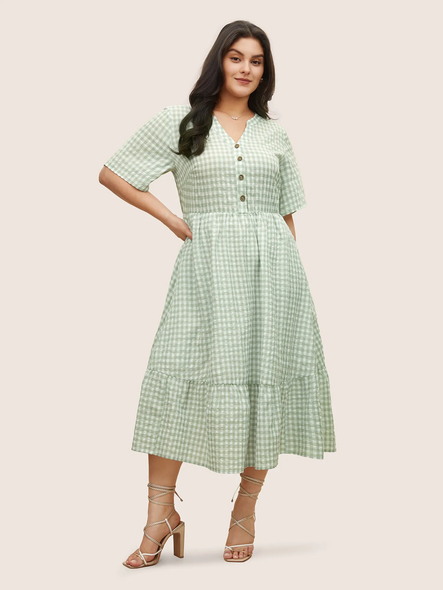 Gingham Notched Elastic Waist Flutter Sleeve Dress sold by Bloomchic product image thumbnail 3