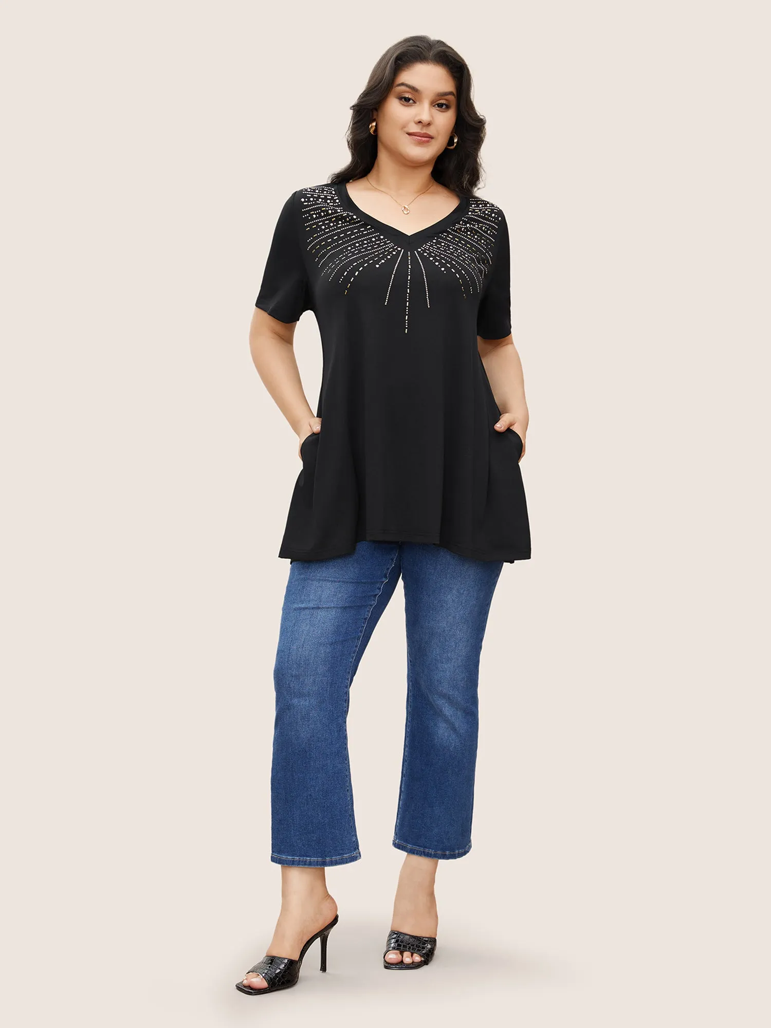 V Neck Pocket Rhinestone Detailing T-shirt sold by Bloomchic product image thumbnail 3