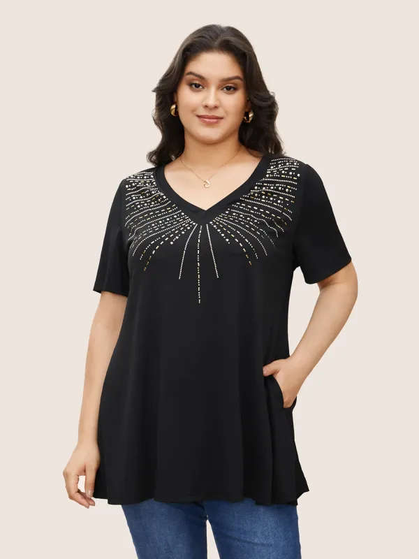 V Neck Pocket Rhinestone Detailing T-shirt sold by Bloomchic