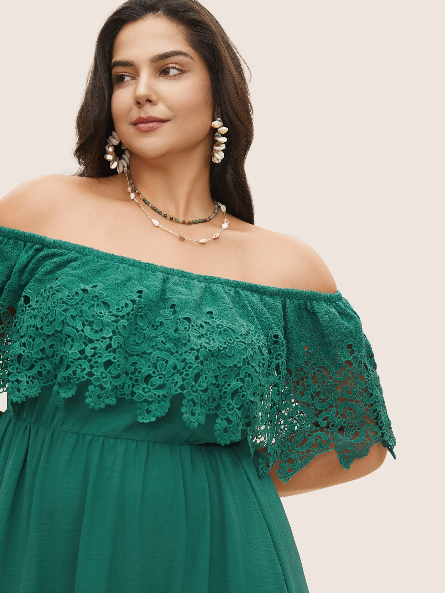 Guipure Lace Off Shoulder Flutter Hem Dress sold by Bloomchic product image thumbnail 4