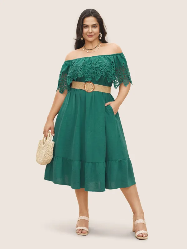 Guipure Lace Off Shoulder Flutter Hem Dress sold by Bloomchic