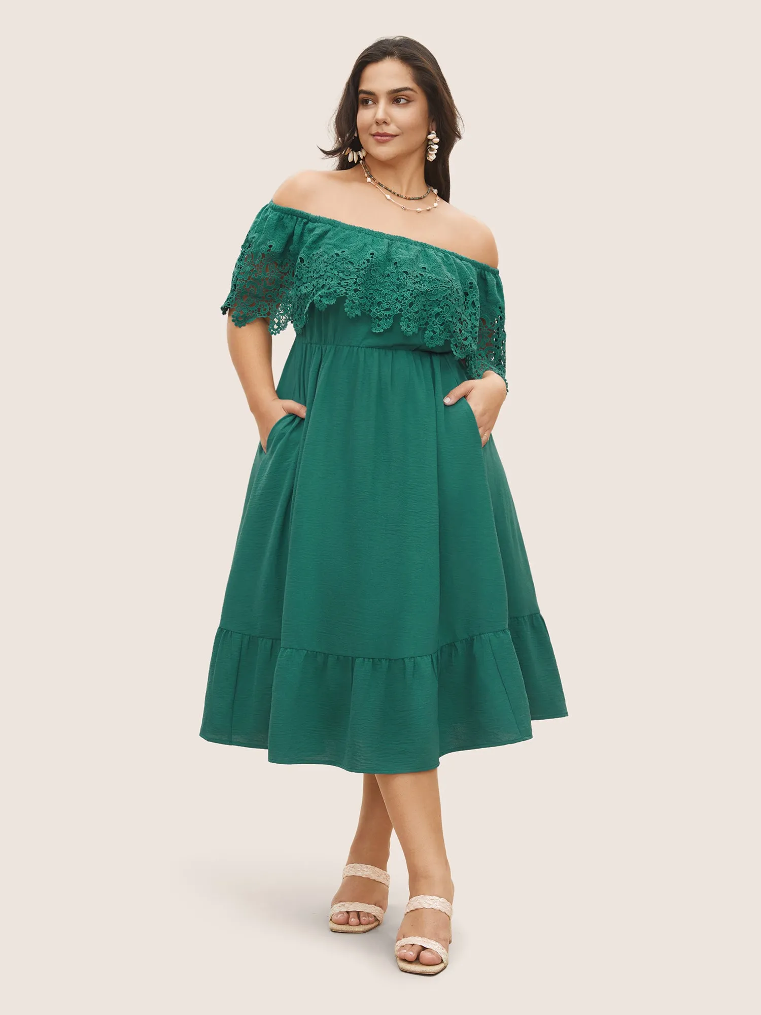 Guipure Lace Off Shoulder Flutter Hem Dress sold by Bloomchic product image thumbnail 3