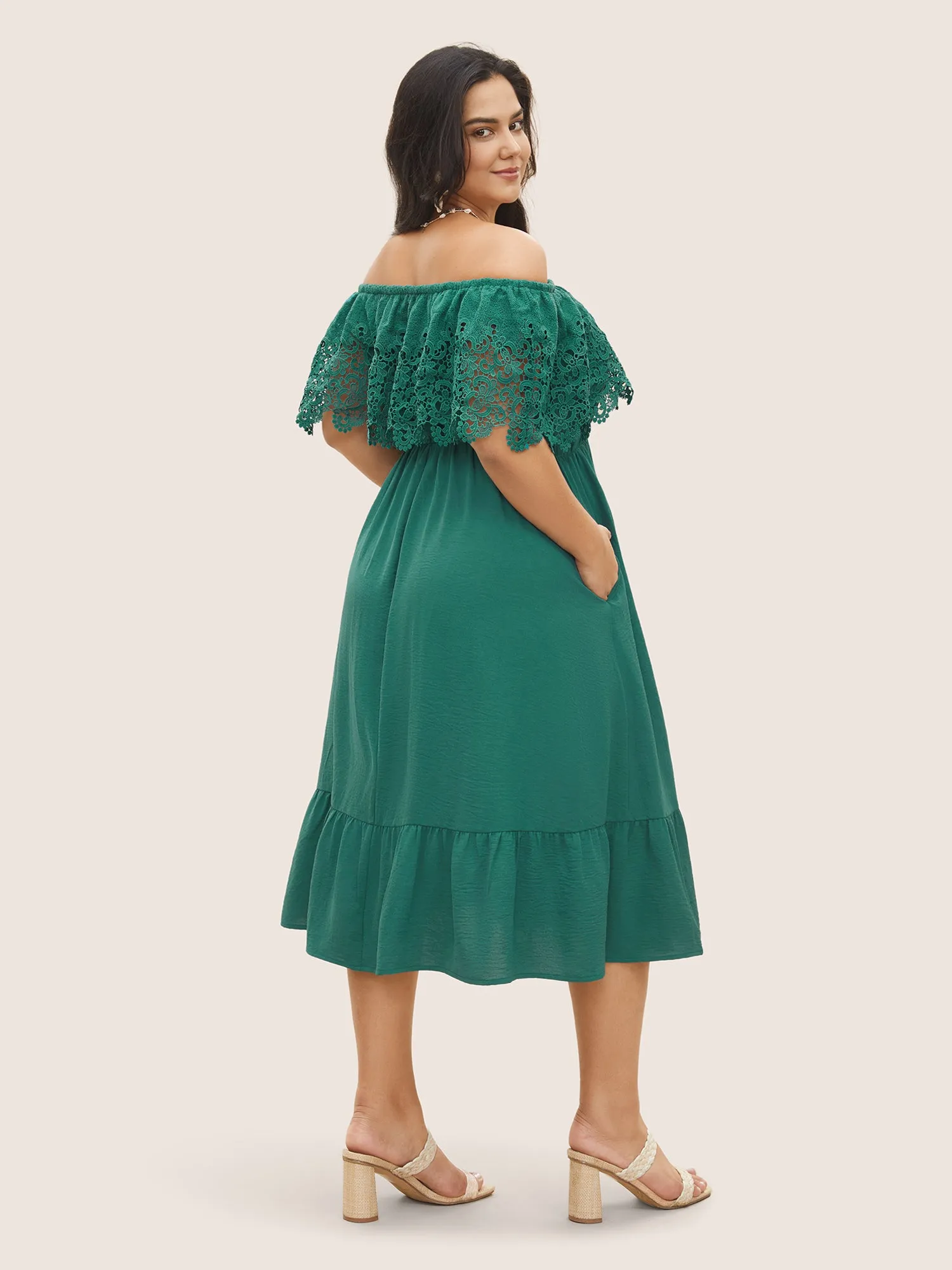 Guipure Lace Off Shoulder Flutter Hem Dress sold by Bloomchic product image thumbnail 2