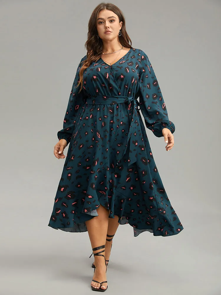 Allover Print Surplice Neck Flutter Trim Dress sold by Bloomchic