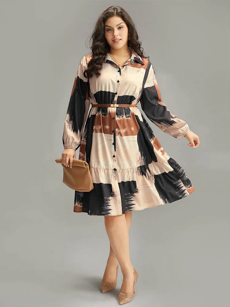 Brush Print Contrast Elastic Waist Button Through Dress sold by Bloomchic