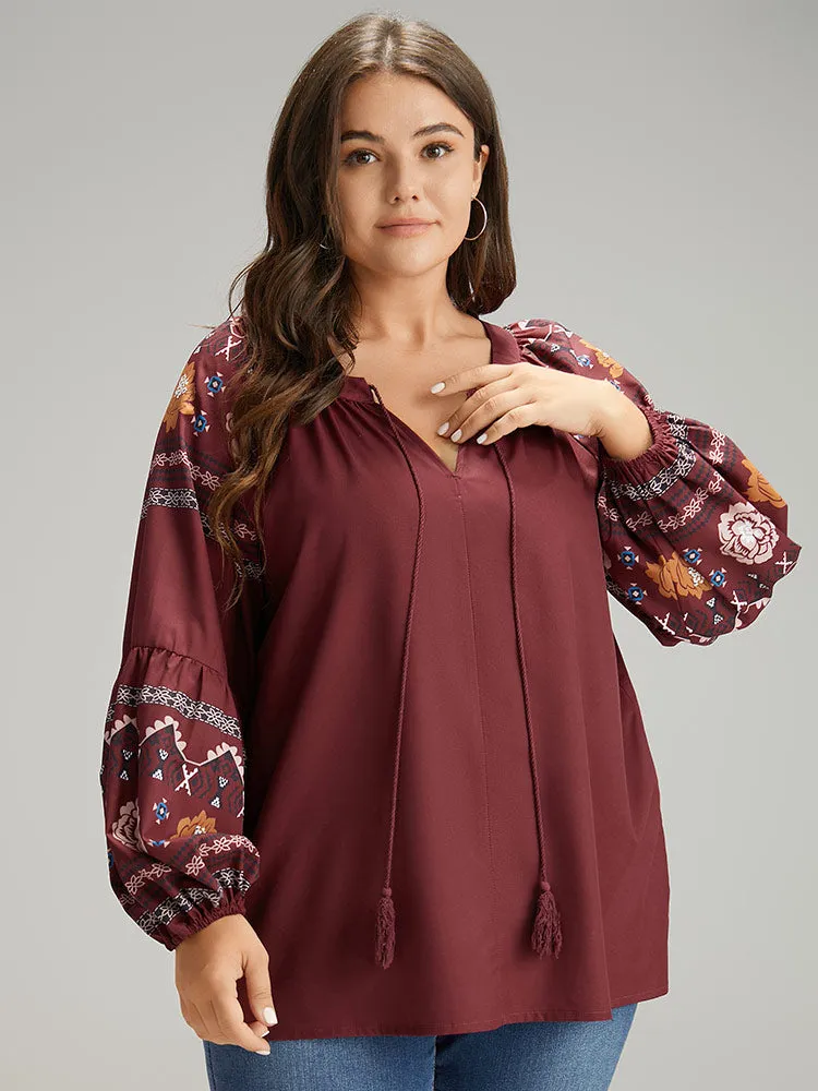 Boho Print Tie Neck Tassel Trim Blouse sold by Bloomchic