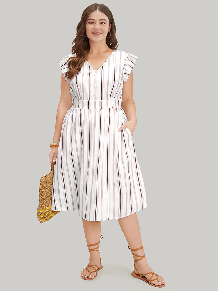 Striped Ruffle Cap Sleeve Button Detail Wideband Waist Dress sold by Bloomchic