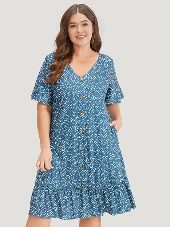 Water Drop Print Button Detail Ruffled Dress sold by Bloomchic