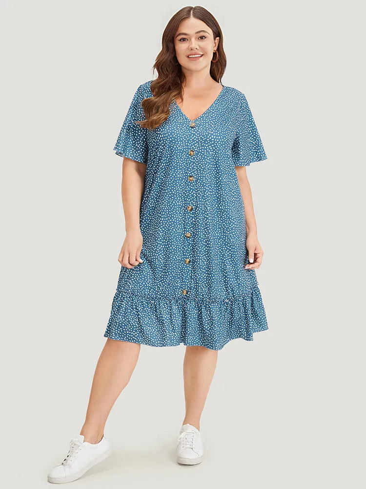 Water Drop Print Button Detail Ruffled Dress sold by Bloomchic product image thumbnail 2