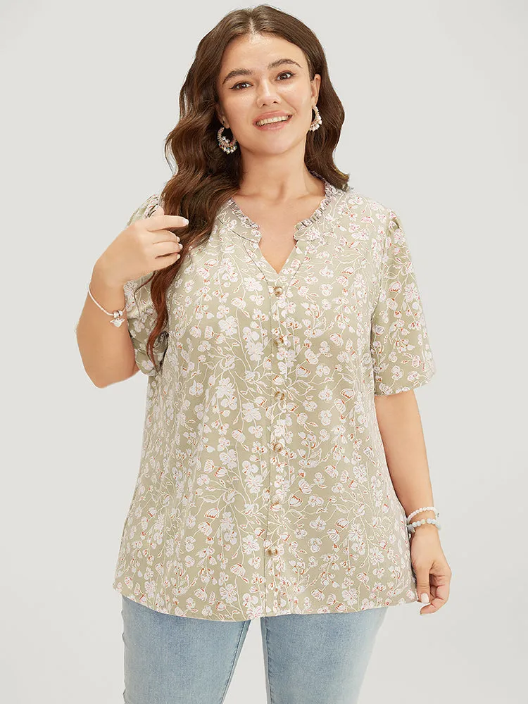Ditsy Floral Button Up Frill Trim Notched Blouse sold by Bloomchic