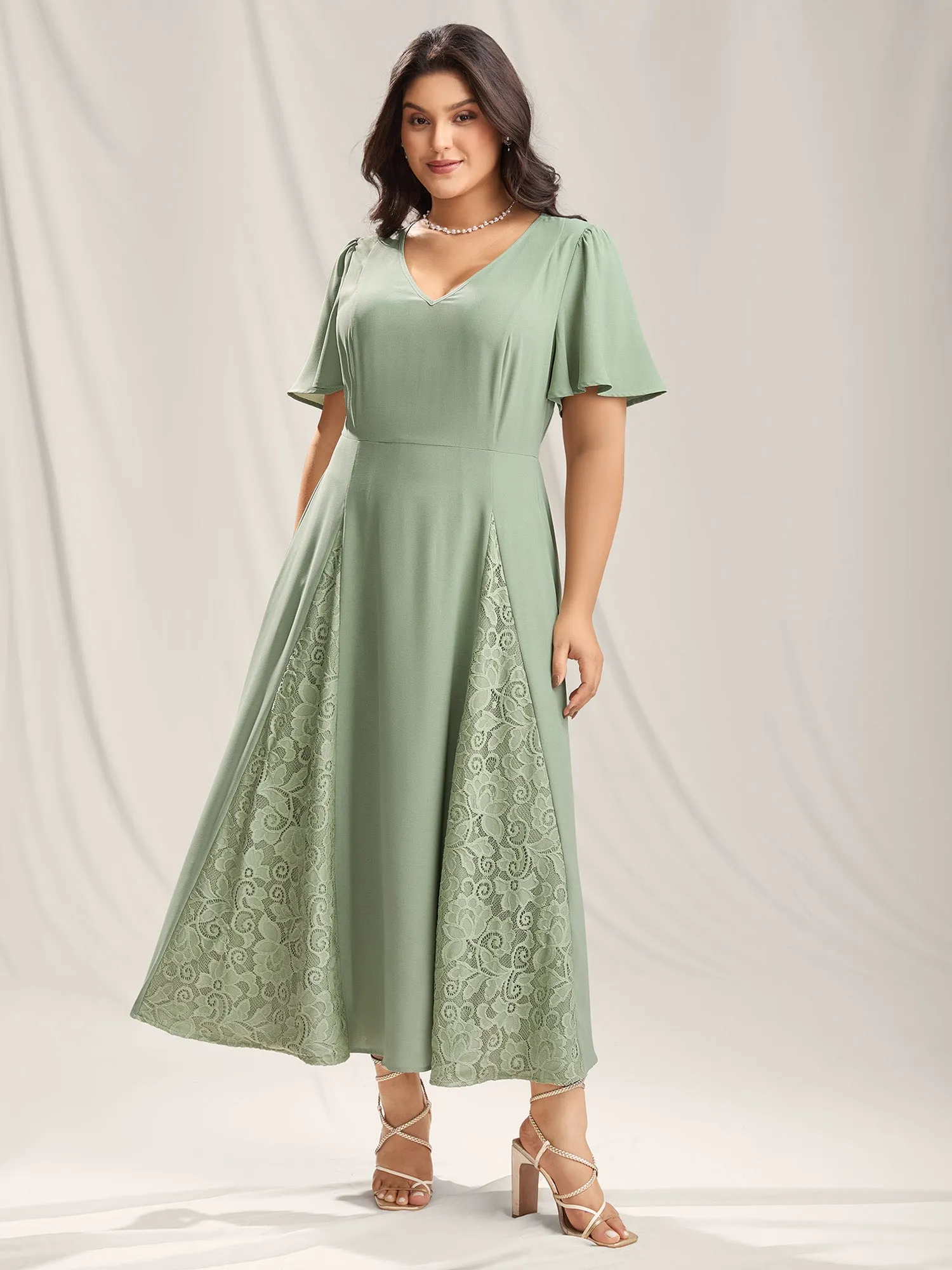 Lace Panel Cinched-Waist Maxi Dress sold by Bloomchic