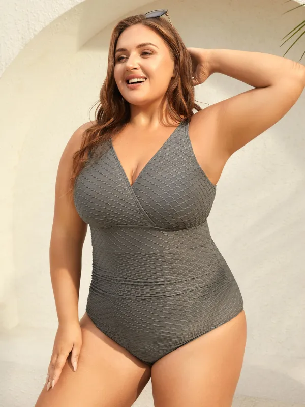 Textured Surplice One-Piece Swimsuit sold by Bloomchic