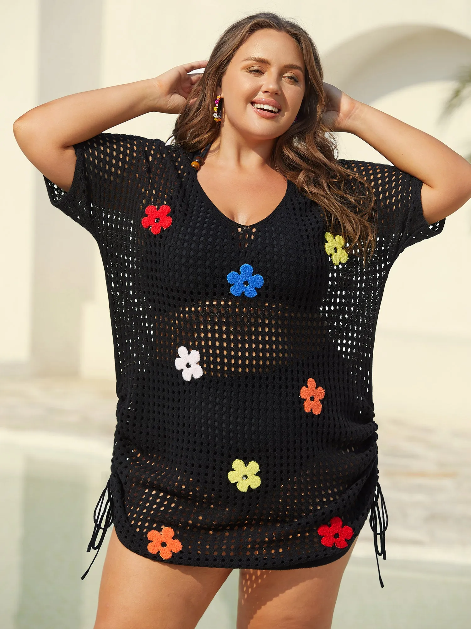 Crochet Flowers Side Drawstrings Swim Cover-Up sold by Bloomchic