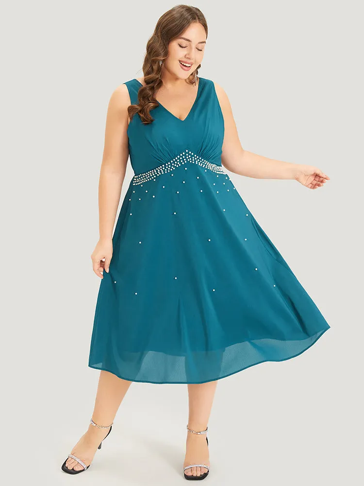 Plain Pleated Mesh Pearl Beaded Sleeveless Dress sold by Bloomchic