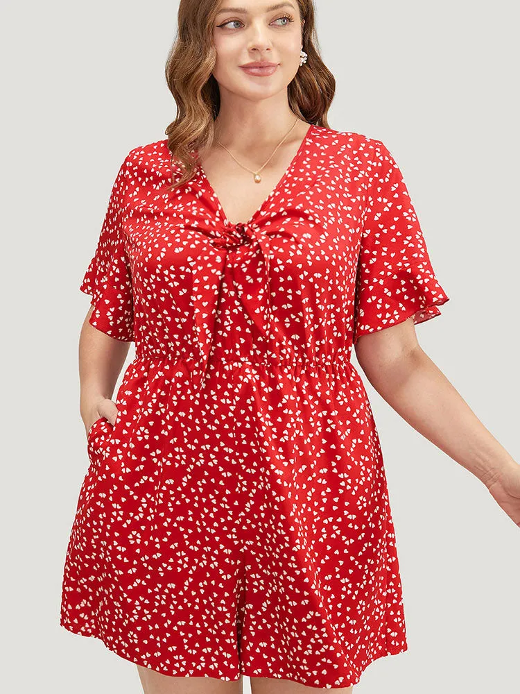 Heart Print Ruffle Sleeve Knotted V Neck Romper sold by Bloomchic product image thumbnail 4