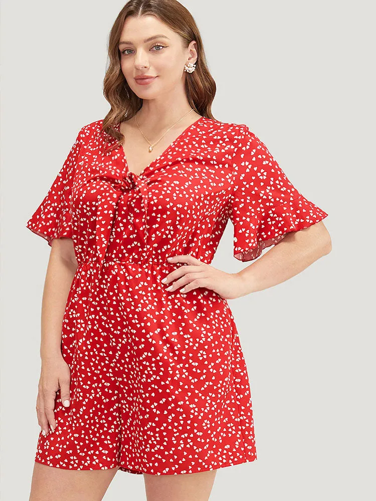 Heart Print Ruffle Sleeve Knotted V Neck Romper sold by Bloomchic