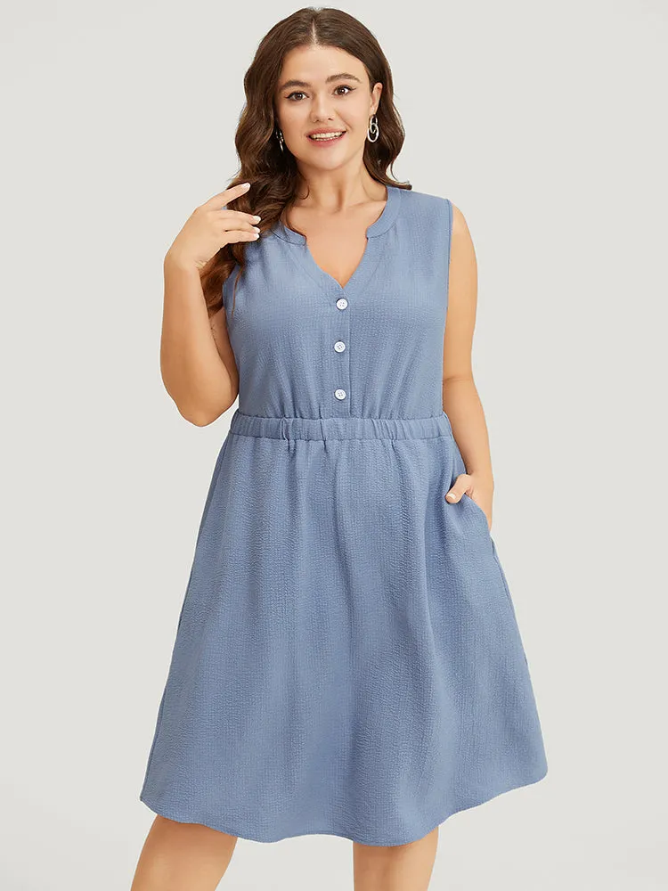 Plain Textured Button Up Pocket Notched Neck Tank Dress sold by Bloomchic